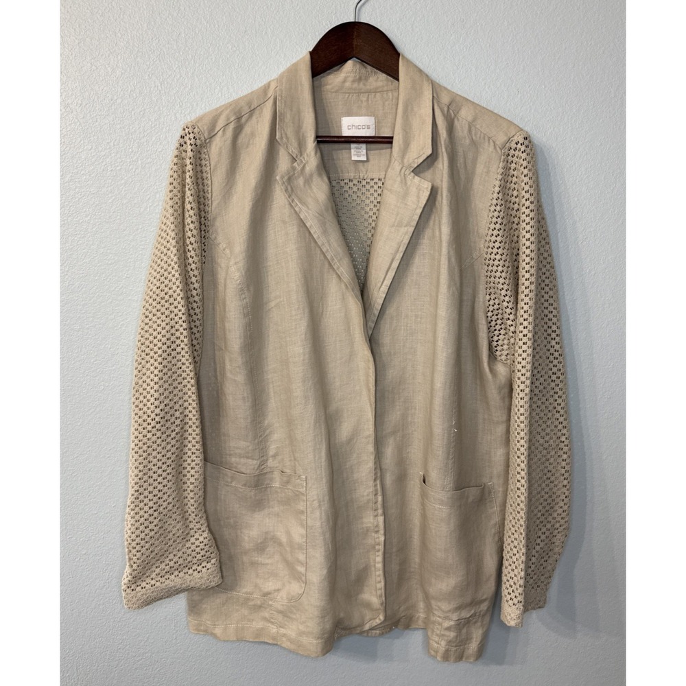Chicos open knit lace linen jacket blazer women's 3 XL 16 neutral coastal beach